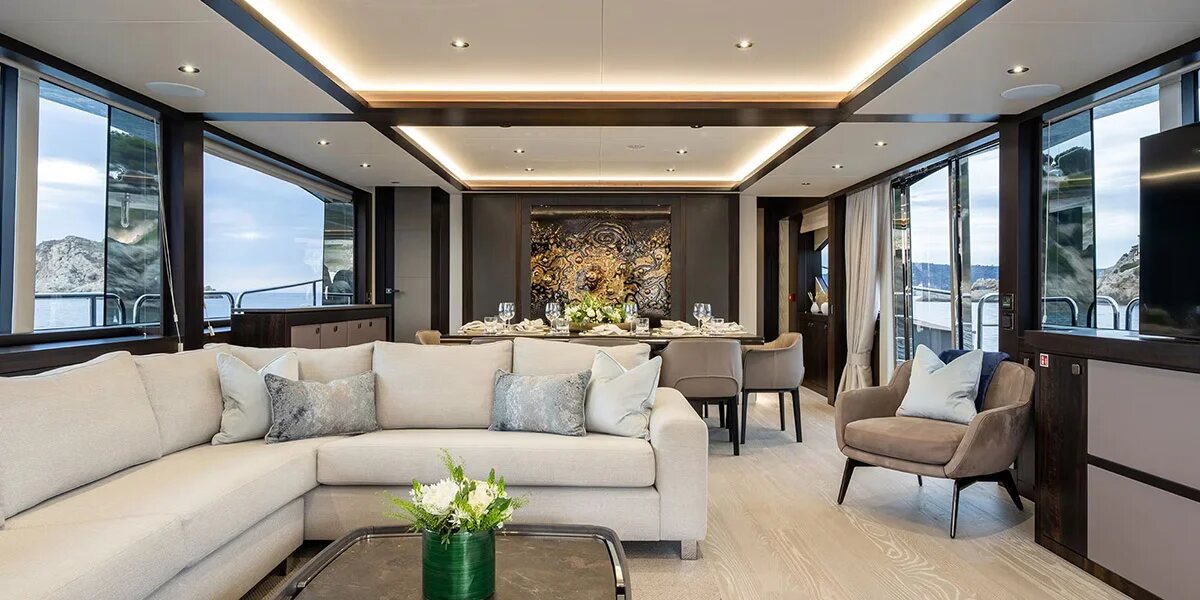 M/Y Lio Black Knight Sunseeker 95 main salon interior — luxury yacht charter Palma de Mallorca