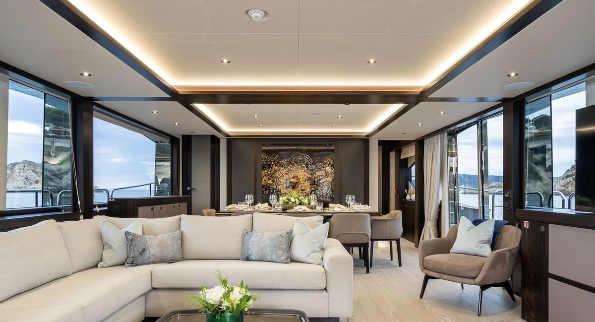 M/Y Lio Black Knight Sunseeker 95 salon sofa and lounge — luxury yacht interior