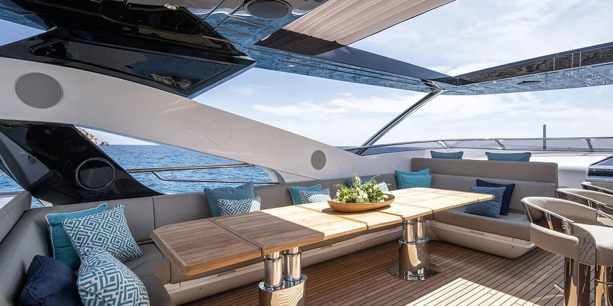 M/Y Lio Black Knight Sunseeker 95 sundeck lounge — luxury yacht charter Palma de Mallorca