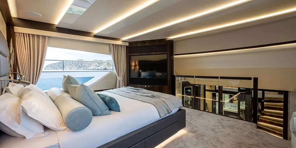 M/Y Lio Black Knight Sunseeker 95 VIP cabin suite — luxury yacht charter accommodation